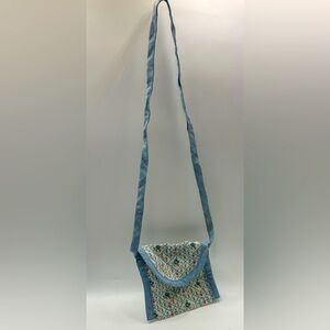 Vintage Handmade Floral Mini Pouch Blue 3.5” x 3.5” 10” Strap Drop